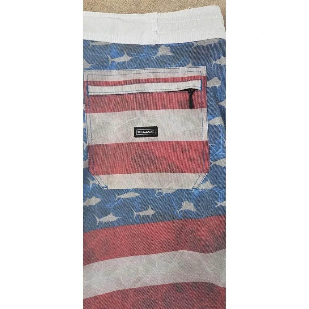 Pelagic High Performance Sharkskin Offshore Board Short 38 USA Flag Fish AOP EUC